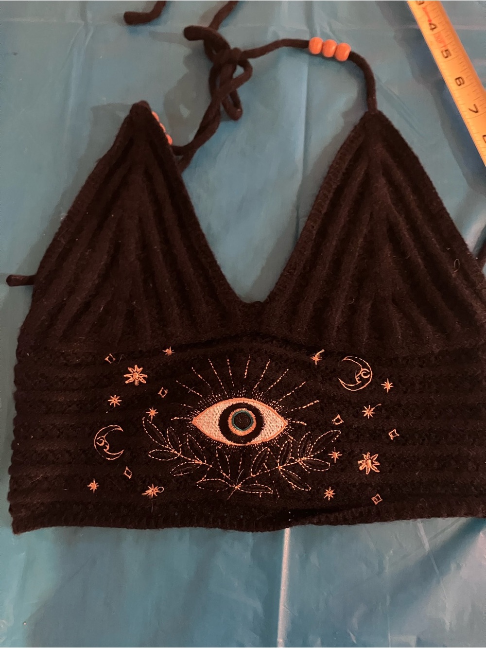 Black Crochet Celestial Evil Eye Halter Top Practical Magic Witchy Boho Small - Picture 3 of 5